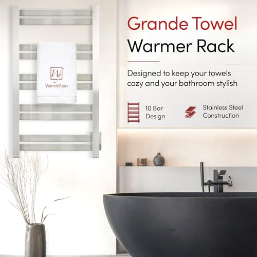 WarmlyYours Grande Heated Towel Rack, 10 Bars, Polished Stainless Steel | Wall-mounted electric towel warmer rack and dryer, 120V hardwired, flat heated bars for towels and bathrobes - color: Polished Stainless Steel, size: 10 Bars