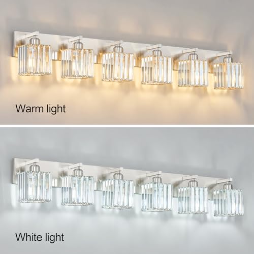 Modern Vanity Light 6-Lights Brushed Nickel Vanity Light Crystal Bathroom Wall Light Bathroom Light Fixtures - color: Nickel Straight, size: 6-light