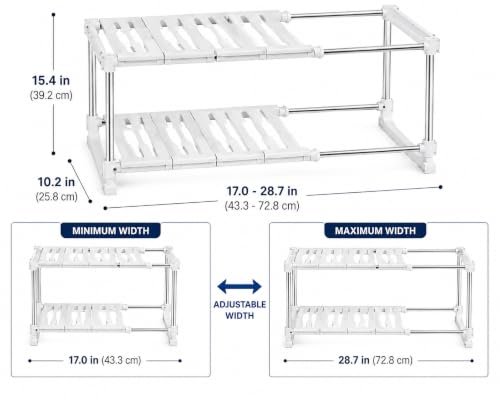 Expandable Under Sink Organizer, 2-Tier, White | Adjustable Cabinet Shelf, PP and Stainless Steel