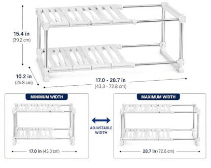 Expandable Under Sink Organizer, 2-Tier, White | Adjustable Cabinet Shelf, PP and Stainless Steel