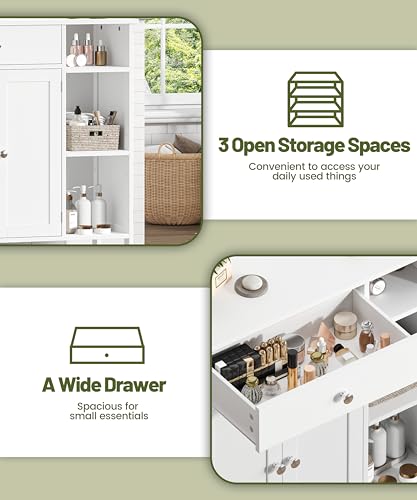 Keehusux White Cabinet with Large Drawer, Floor Bathroom Storage Cabinet with Doors & Adjustable Shelves, Modern Storage Cupboard with 3 Open Space for Living Room, Entryway, Dining Room