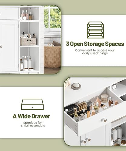 Keehusux White Cabinet with Large Drawer, Floor Bathroom Storage Cabinet with Doors & Adjustable Shelves, Modern Storage Cupboard with 3 Open Space for Living Room, Entryway, Dining Room
