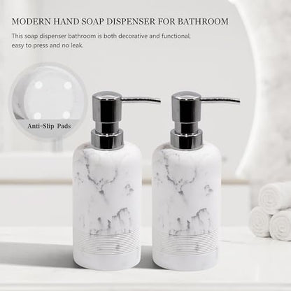 Resin Soap Dispenser Sets, 2 Pcs Heavy Lotion Dispensers,10.8oz Refillable Liquid Soap Dispensers with Rust-Proof Pump for Bathroom Countertop or Kitchen, Artificial Marble White - color: White
