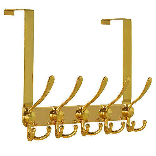 Dseap Over The Door Hook Hanger - Fits 1 3/8" to 1 3/4" Standard Doors | 5 Tri Hooks Heavy Duty Towel/Coat Rack | Door Organizer for Clothes, Jackets, Hats, Towels, Gold - color: Gold