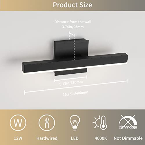 Joossnwell LED Bathroom Vanity Lighting Fixture Modern Bath Light Bar 15.75inch Black Wall Sconce 12W 4000K - color: Black-Not Dimmable, size: 15.7"Long-4000K