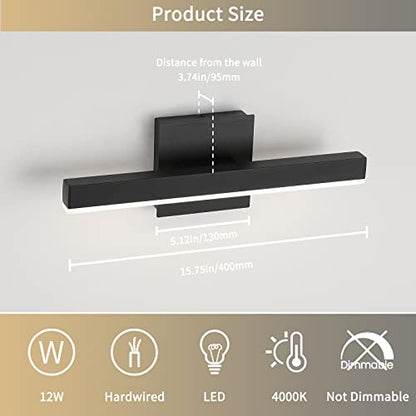 Joossnwell LED Bathroom Vanity Lighting Fixture Modern Bath Light Bar 15.75inch Black Wall Sconce 12W 4000K - color: Black-Not Dimmable, size: 15.7"Long-4000K