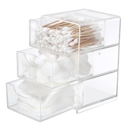 Hipiwe Clear Acrylic Drawer Organizer Bathroom Qtip Holder with 3 Drawers | Clear Desk Drawers Box for Cotton Pad, Cotton Swabs, Makeup Storage Drawer Bathroom Counter Organizer for Home Office
