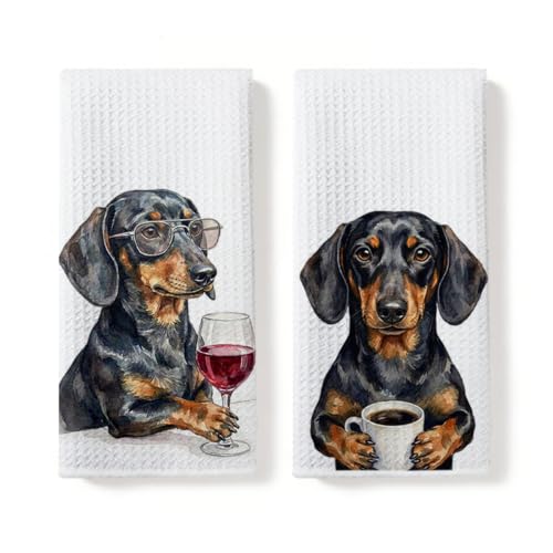 2Pcs Funny Dachshund Kitchen Towels Dachshund Gift Wine Reusable Hand Towel | Funny Dachshund Gifts Waffle Dish Towels for Kitchen Home Bathroom Decor, Wiener Dog Gifts for Women Girls Mom 14x24 Inch - color: Multi 0774