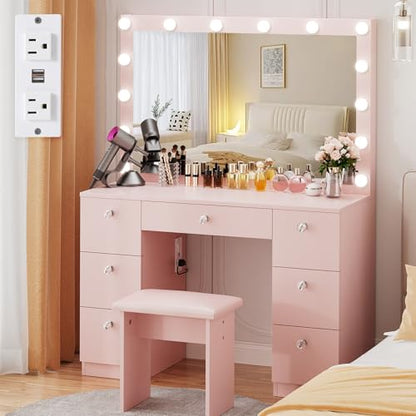 VOWNER Vanity with Lighted Mirror - Makeup Vanity Desk with Glass Top, 7 Drawers and Power Outlet, 3 Color Lighting Modes Adjustable Brightness, 44" Vanity Table with Stool for Women Girls, Pink - color: Pink