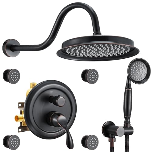 DASAN Antique Shower Faucet Set Complete Rain Shower System in Wall with Body Shower Spray Jets, Oil Rubbed Bronze Shower Fixtures with Rainfall Overhead Shower, Handheld, Valve & Trim Kit, AT249W-ORB - color: Oil Rubbed Bronze