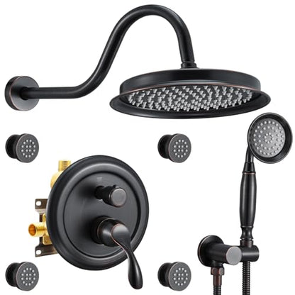 DASAN Antique Shower Faucet Set Complete Rain Shower System in Wall with Body Shower Spray Jets, Oil Rubbed Bronze Shower Fixtures with Rainfall Overhead Shower, Handheld, Valve & Trim Kit, AT249W-ORB - color: Oil Rubbed Bronze