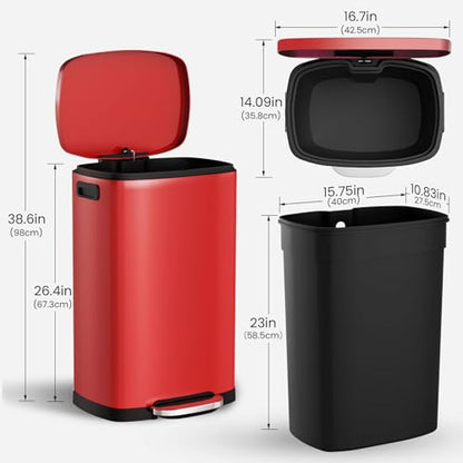 ELPHECO Kitchen Trash Can with Lid 13 Gal Stainless Steel Pedal Garbage Can | Soft Close Lid Pedal Heavy-Duty Fingerprint Proof Step Wastebasket with 20 Bags Removable Bucket, Home Office, Scarlet Red - color: Scarlet Red