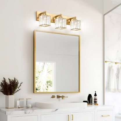 Gold Crystal Bathroom Vanity Light, 3-Light Modern Bathroom Lighting Fixtures Over Mirror,Chrome Wall Sconce Light Fixtures with Square Shade - color: Gold-Square Shade, size: 3-LIGHT