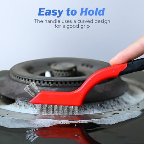 Wire Brush Set, 6 Pcs Brass/Stainless Steel/Nylon Wire Brushes | Red, 7" Total Length for Tight Spaces, For Cleaning with Curved Handle Grip for Rust Removal, Dirt, Paint Scrubbing - style: Red-6pcs