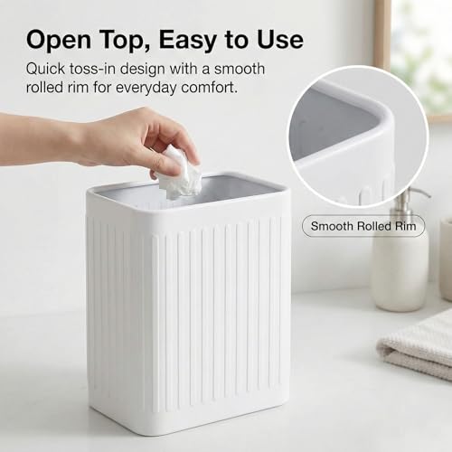 TrashAid Small Bathroom Trash Can, 2.1 Gallons, Slim Wastebasket, White | Quick Toss Open Top, Stainless Steel Garbage Can, Hand-Safe Rolled Edges, Metal Trash Bin for Office/Bedroom/Under Sink/RV