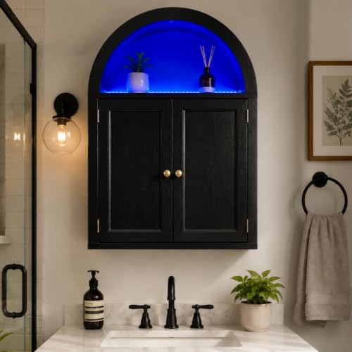 Bathroom Wall Cabinet with LED Light, Over The Toilet Storage Cabinet, Arched Bathroom Cabinet Wall Mount with 2 Doors & Adjustable Shelves, Above Bathroom Sink Cabinet for Laundry Kitchen (Black) - color: Black