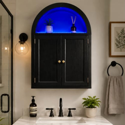 Bathroom Wall Cabinet with LED Light, Over The Toilet Storage Cabinet, Arched Bathroom Cabinet Wall Mount with 2 Doors & Adjustable Shelves, Above Bathroom Sink Cabinet for Laundry Kitchen (Black) - color: Black