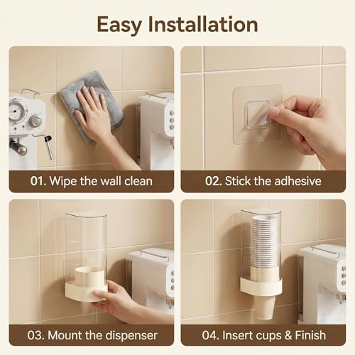 Cup Dispenser Wall Mounted, Large Capacity Bathroom Cup Holder for 4-6oz Cups, Dustproof Water Cooler Organizers with 50 Absorbent Coasters, Beige
