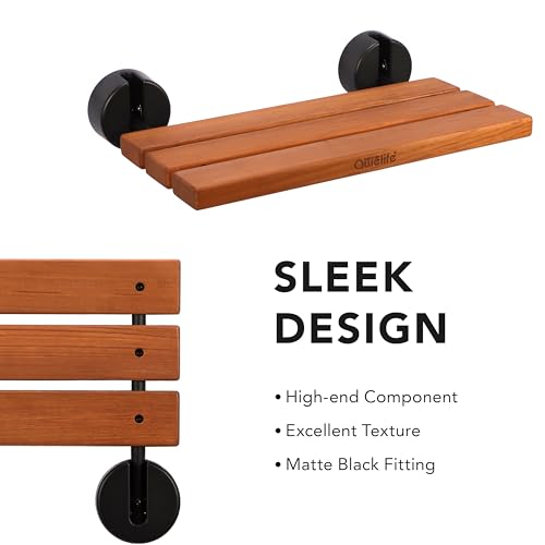 20" Luxury Teak Folding Shower Seat, Sturdy 400lb Capacity, Space-Saving Fold Down/Up Shower Bench Wall Mount, Easy Install, Matte Black Fitting - size: Matte Black Fitting