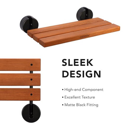 20" Luxury Teak Folding Shower Seat, Sturdy 400lb Capacity, Space-Saving Fold Down/Up Shower Bench Wall Mount, Easy Install, Matte Black Fitting - size: Matte Black Fitting
