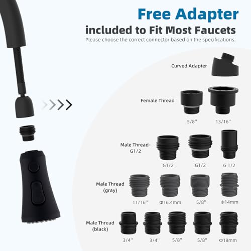Hibbent Pull Down Kitchen Faucet Head Replacement, 3-Function NSF/ANSI/CAN 61 & CUPC Certified Sink Spray Nozzle, 15 Adapters, Compatible with Moen, Delta, Kohler Faucets, Matte Black - color: Matte Black, style: Stay on sprayer without hold button