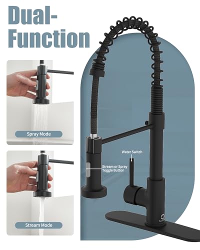 Kitchen Faucet Set, Black Kitchen Sink Faucets with Pull Down Sprayer and Soap Dispenser, Single Handle Stainless Steel Faucets for Kitchen Sinks, Farmhouse RV Faucet with Deck Plate - color: A-Matte Black, style: Contemporary