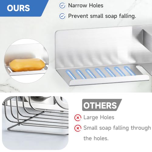 Bar Soap Holder for Shower Wall, Adhesive Soap Dish, Silver | Self-draining Soap Tray for Bathroom, Stainless Steel Soap Stand, with Baffle & 5 Hooks for Loofah, Razor, Toothbrush