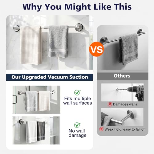 Luxspire Suction Cup Towel Bar No-Drill, Towel Rack 14-24 inch, Silver | Adjustable 14-24 inch, rustproof stainless steel rack, Heavy-duty wall mounted holder for Smooth Surface & bathroom wall - color: Silver