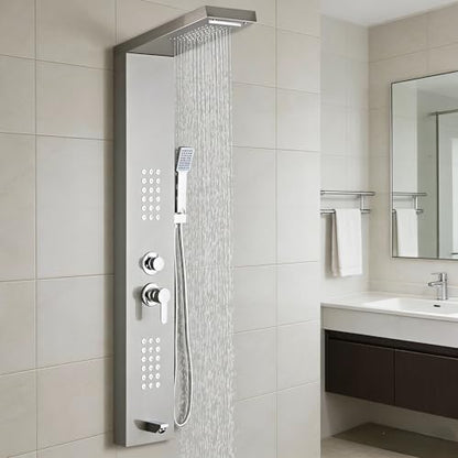 5-in-1 Shower Panel Tower System - Brushed Gray | 304 stainless steel Shower Panel Tower Column with Powerful Body Jets, Rainfall, Waterfall,Handheld and Tub Spout - color: Brushed Gray, style: LSH-8001