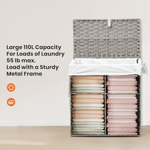DUMOS Wicker Laundry Basket with Lid, 110L Woven Laundry Hamper with Handles, Foldable Rattan Clothes Hamper with Removable Liner & Sturdy Steel Frame, Dove Gray - color: Dove Gray, size: 110L