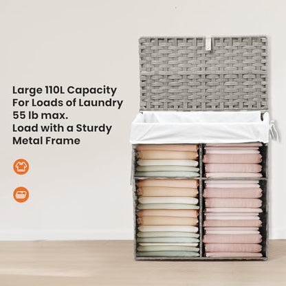 DUMOS Wicker Laundry Basket with Lid, 110L Woven Laundry Hamper with Handles, Foldable Rattan Clothes Hamper with Removable Liner & Sturdy Steel Frame, Dove Gray - color: Dove Gray, size: 110L