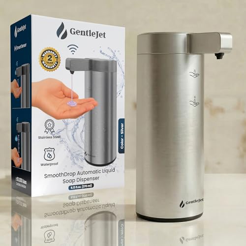 GentleJet SmoothDrop Automatic Liquid Soap Dispenser Touchless, No-Drip Precision Pump, USB-C Rechargeable, 304 Stainless Steel, Waterproof Countertop Dispenser for Kitchen & Bathroom Sink, 270 ml - color: Silver