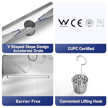 Linear Shower Drain, 304 Stainless Steel Floor Drain 24" | with Tiled Insert Grate & Hair Strainer, Bathroom 2-in-1 Tiled in Drain, CUPC Certified - color: Brushed, size: 24''