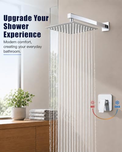 Heyalan 10 Inch Square Rain Shower Faucet Set with Valve, Polished Chrome | Female-thread 1/2-inch NPT connections, SUS304 shower head, brass rough-in valve, single-handle control Shower Set - color: Chrome, size: 10 Inch Square Shower Head