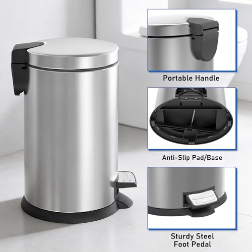 SIMPLYKLEEN Bathroom Trash Can with Lid - 2PC 1.3 Gallon Oval Small Trash Can with Soft-Close Lid, Foot Pedal, Brushed Stainless Steel, Removable Liner, Garbage can for Kitchen, Office (Gold+ Silver) - color: Gold+Silver, size: 5L Oval 2PC