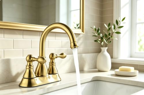 Brushed Gold 4 Inch Centerset Bathroom Sink Faucet 3 Hole with Pop up Drain | Derengge High Arc Classic 2-Handle Bathroom Faucet, Vanity Lavatory Faucet with 360° Swivel Spout，F-4501-CS - color: Brushed Gold