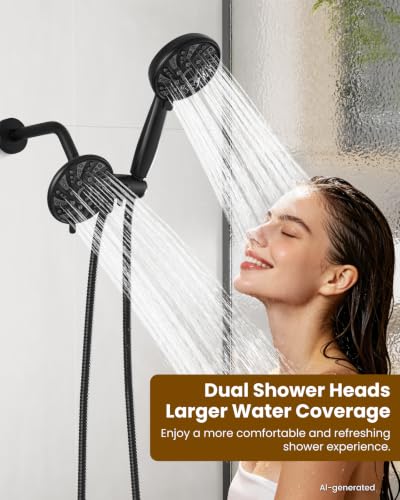 gotonovo Dual Shower Head Kit with Valve 6 Mode Handheld Matte Black | 6 Mode ABS Rain Head 6 Mode ABS Handheld Spray 2 in 1 Bathroom Trim Kit Pressure Balance Valve Shower Head and Handle Set - color: Black