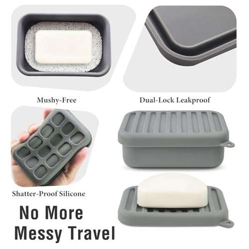 Silicone Travel Soap Case with Lid & Drain Tray, Leakproof, for Travel | Food-grade silicone, Leakproof seal, Built-in hook, Removable drain pad doubles as soap holder, For gym, travel, camping - color: Grey