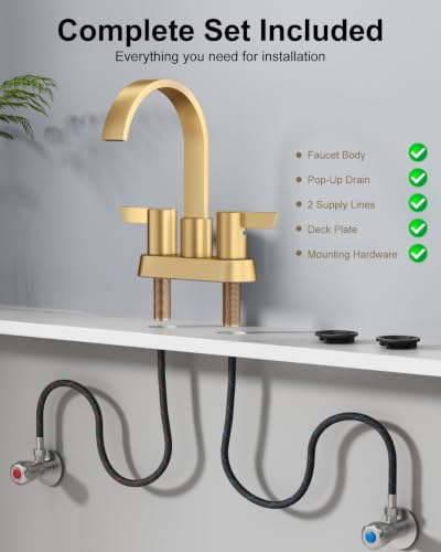 Gold Bathroom Faucet,4 Inch Centerset 2-Handle Waterfall | Includes Pop-Up Drain,24-Inch Supply Lines,Mounting Hardware,SUS304 Stainless Steel Construction,And A 360° Swivel Spout - color: Gold
