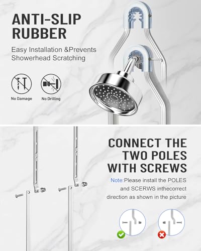 Adjustable Shower Caddy Hanging for Handheld Showerheads - Upgraded Never Rust Shower Hanging Organizer, Bathroom Shower Rack with Soap Basket, Hooks and Toothbrush Holder (Shiny Silver) - color: Shiny Silver