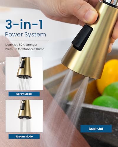 DAYONE 2 Handle Kitchen Faucet with Pull Down Sprayer, 4 Hole Sink Faucets with Separate Handle for Kitchen RV Laundry Bar, 3 Modes, SUS304 Stainless Steel, Brushed Gold - color: Brushed Gold, style: 2-handle