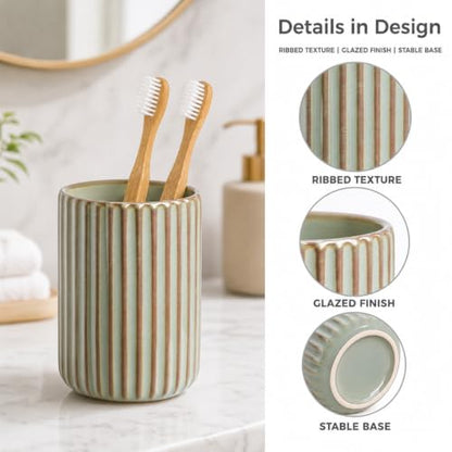 Green Ceramic Toothbrush Holder Cup | Striped Modern Farmhouse Bathroom Organizer Toothpaste Cup & Makeup Brush Tumbler - color: Green