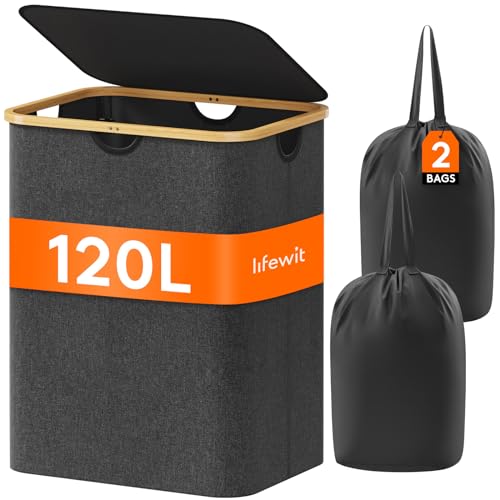 Lifewit 120L Laundry Basket with Lid, Clothes Hampers for Laundry with Bamboo Handles and 2 Removable Bag, Large Foldable Laundry Hamper for Bedroom, Bathroom, Dorm, Laundry Room, Dark Gray - color: Dark Gray, size: 120L