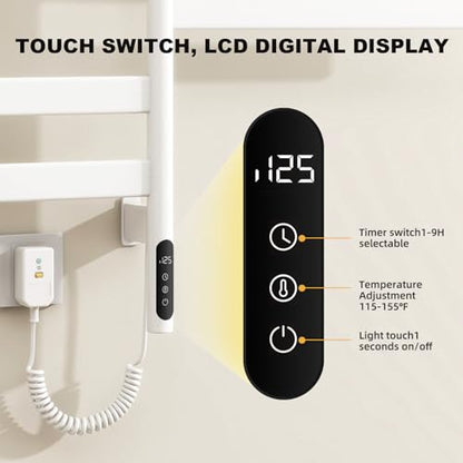 Swivel Heated Towel Rack with Shelf,Rotating Electric Towel Warmer Rack Wall Mounted with Timer,Heated Towel Warmer for Bathroom with Swing Arm,5 Bars,Plug in & Hardwired,White - color: White