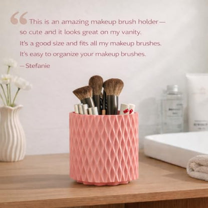 Pink Makeup Brush Holder, 360° Rotating Makeup Organizer | Cute 5-slot spinning vanity caddy for makeup brushes, lipstick & hair accessories — bathroom, dorm & office desk - style: Pink