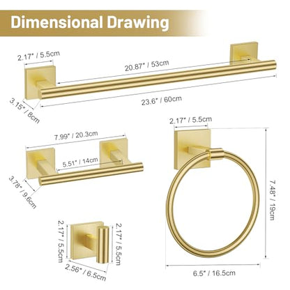 TURS Brushed Gold 5 Piece Bathroom Hardware Accessories Set, SUS304 Stainless Steel Bath Towel Bar Set, 24 Inch Round Bathroom Towel Holder Set Wall Mounted - color: Brushed Gold, size: 5-Pieces Set-A