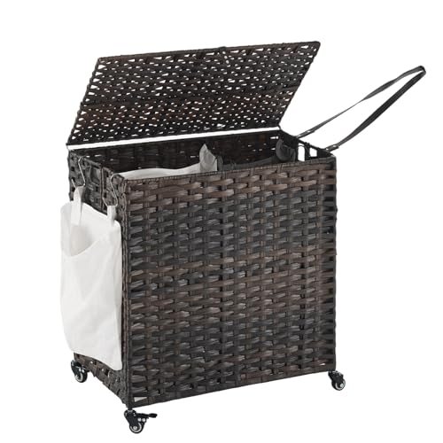 Laundry Hamper with Wheels, 39.6 Gallon(150L) Rolling Laundry Basket with Lid, Removable Large 2 Color Liners & 3 Mesh Laundry Bags, Clothes Hamper with Side Pocket, Brown - color: Brown, size: 23.62"L x 15.75"W x 25.6"H