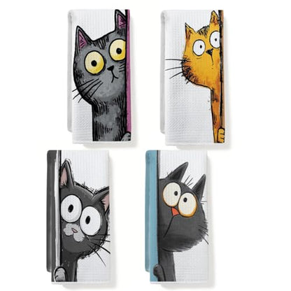 4 Pcs Funny Cat Kitchen Towels, Cute Cats Gifts Soft Absorbent Tea Towel - color: Multi 0138