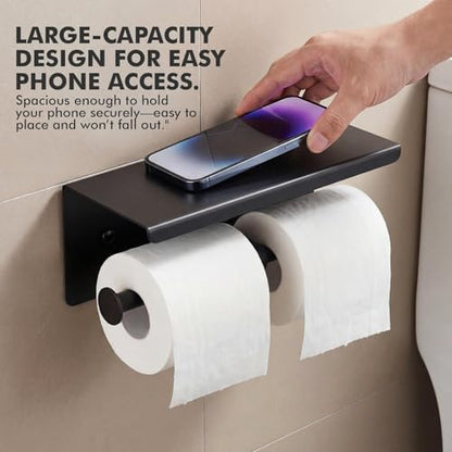 Double Toilet Paper Holder with Shelf, Wall Mount Tissue Roll Holder for Bathroom, 304 Stainless Steel Commercial Toilet Tissue Dispensers with Phone Shelf(Black) - color: Black