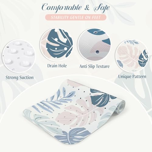 SHUCHING Blue Bath Mat for Tub Non Slip-40x16 Inch, Boho Leaves | Bathtub Mat for Women & Elderly Mold Free, Long Shower Mat for Inside Shower with Suction Cup, Machine Washable - color: Leaf